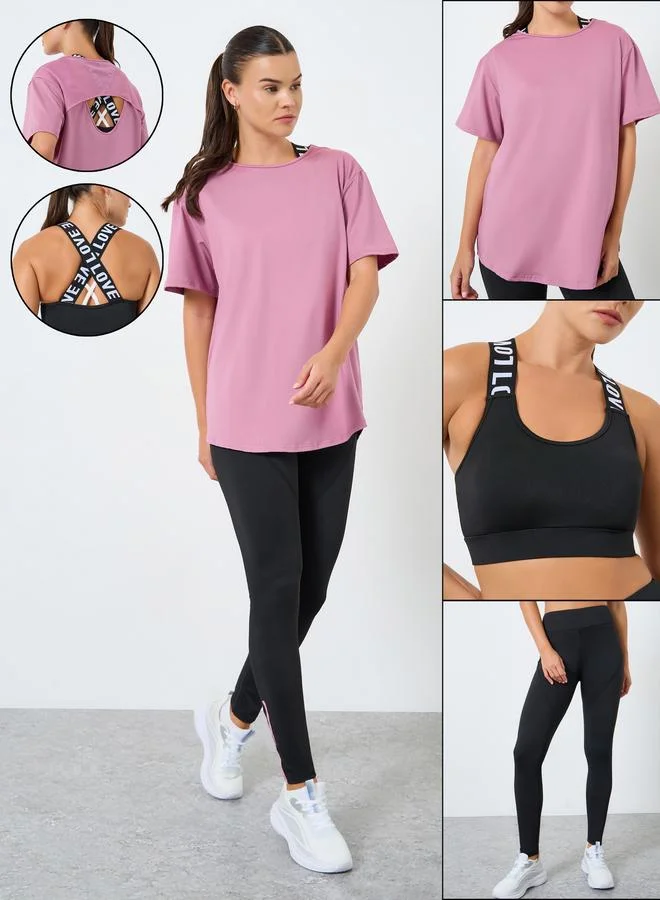 Styli Active Pack of 3 - Mesh Panel T-Shirt, Crossback Strap Sports Bra and Stitch Detail Leggings