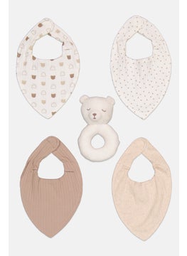 Dream Gro 5 Piece Ribbed Banddana Bibs And Rattle Set, White  - Image 1