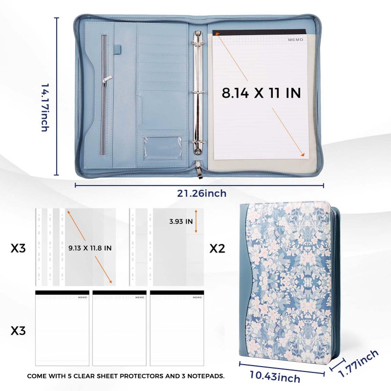 Sbrinnaliao Padfolio Portfolio Folder Binder-Organizer Planner Notebook Zippered Portfolio Padfolio for Women & Men with Document Sleeve,Letter/A4 Size Clipboard,Business Card Holders (Blue Flower) - Image 4