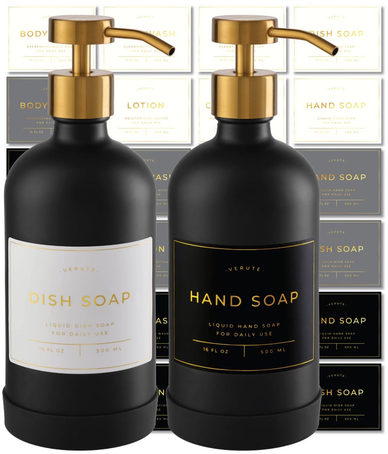 Verute Hand and Dish Soap Dispenser for Kitchen and Bathroom, Set of 2 16 Oz Glass Bottles, Stainless Steel Pumps, Non-Slip Silicone Base, 27 Waterproof Labels (Matte Black Bottle/Brushed Gold Pump) - Image 1