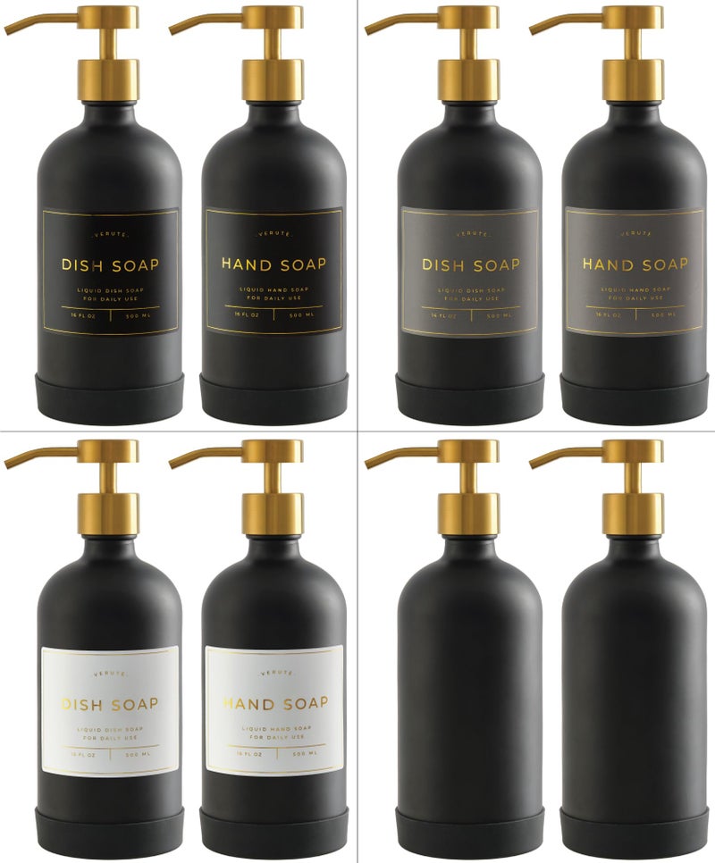 Verute Hand and Dish Soap Dispenser for Kitchen and Bathroom, Set of 2 16 Oz Glass Bottles, Stainless Steel Pumps, Non-Slip Silicone Base, 27 Waterproof Labels (Matte Black Bottle/Brushed Gold Pump) - Image 5