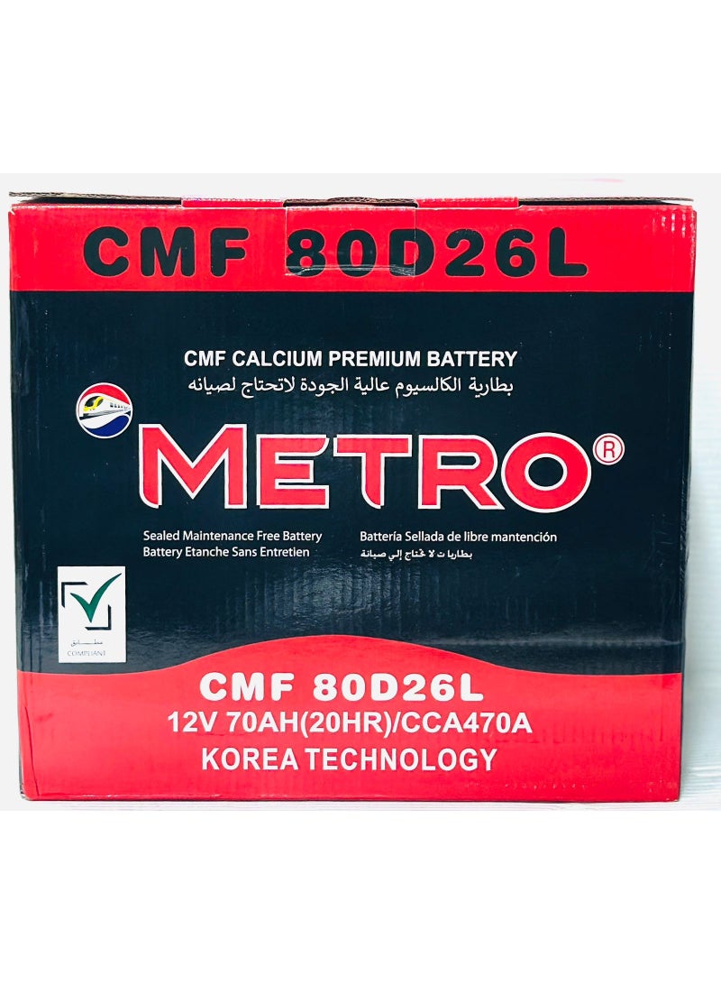 Metro Car Battery 12V 70AH 80D26L-MF - Image 1