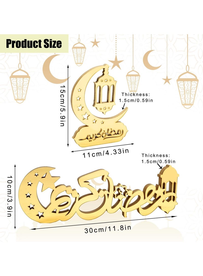 Eworld Pack of 2 Exquisite Acrylic Ramadan Tabletop Decor for Home Islamic Lightweight Craft Ornament Featuring Elegant Ramadan Kareem Calligraphy, Perfect Crescent Ornaments for Islamic Parties, in Gold - Image 2