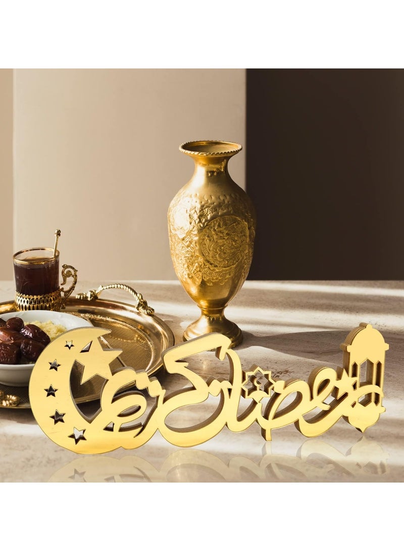 Eworld Pack of 2 Exquisite Acrylic Ramadan Tabletop Decor for Home Islamic Lightweight Craft Ornament Featuring Elegant Ramadan Kareem Calligraphy, Perfect Crescent Ornaments for Islamic Parties, in Gold - Image 4