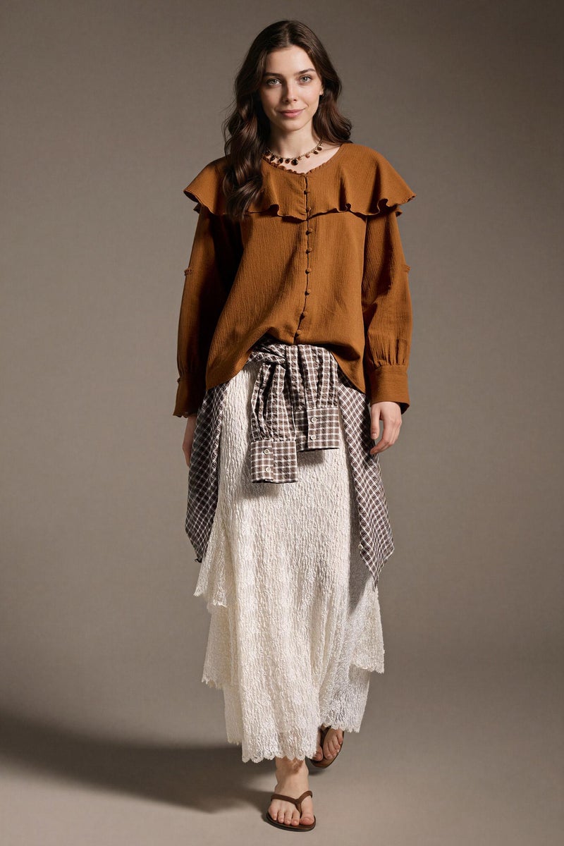 DeFacto Brown Woman Regular Fit Crinkle Fabric Long Sleeve Tunic Casual - Image 2