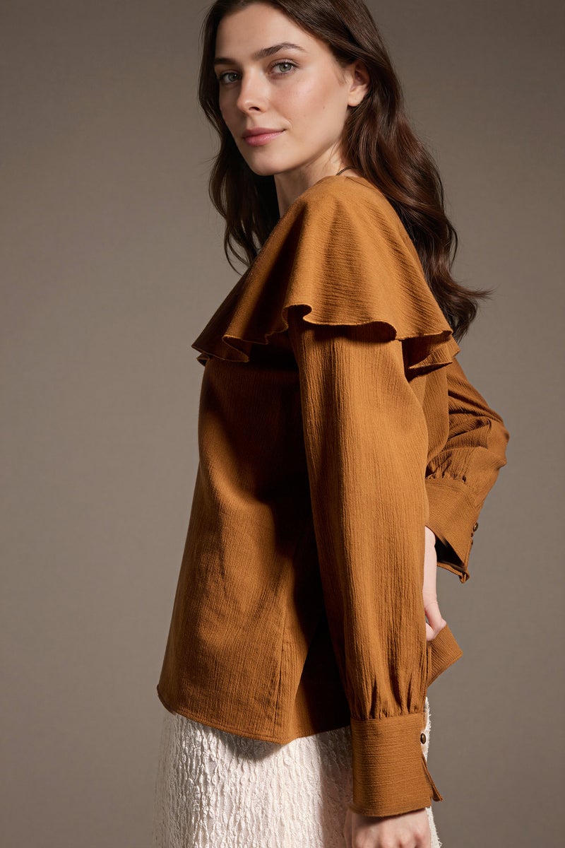 DeFacto Brown Woman Regular Fit Crinkle Fabric Long Sleeve Tunic Casual - Image 3