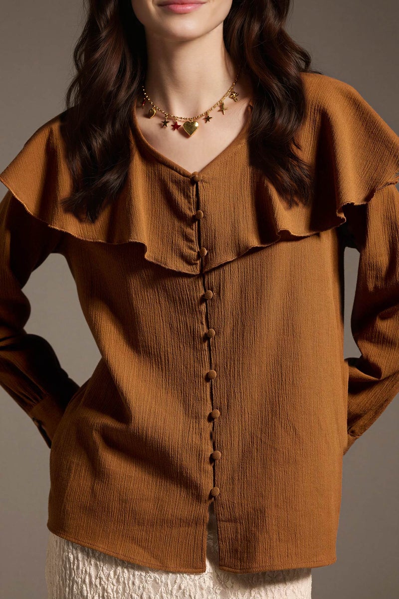 DeFacto Brown Woman Regular Fit Crinkle Fabric Long Sleeve Tunic Casual - Image 4