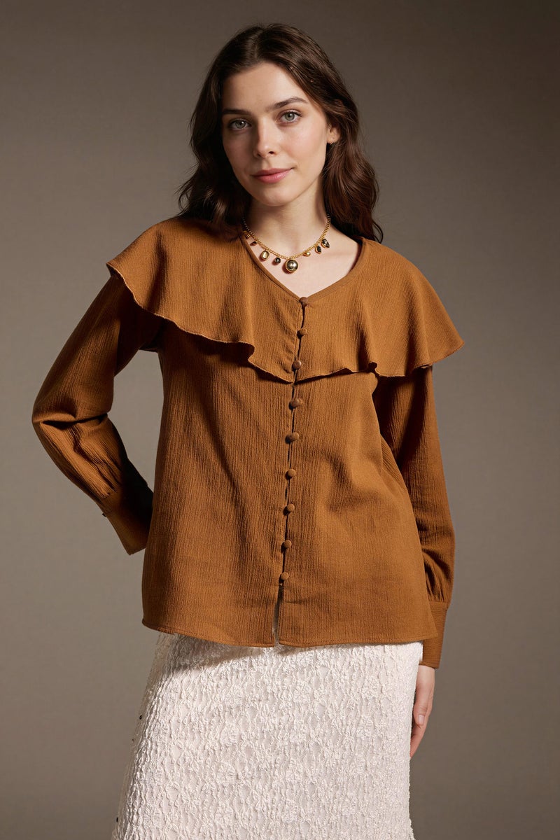 DeFacto Brown Woman Regular Fit Crinkle Fabric Long Sleeve Tunic Casual - Image 1