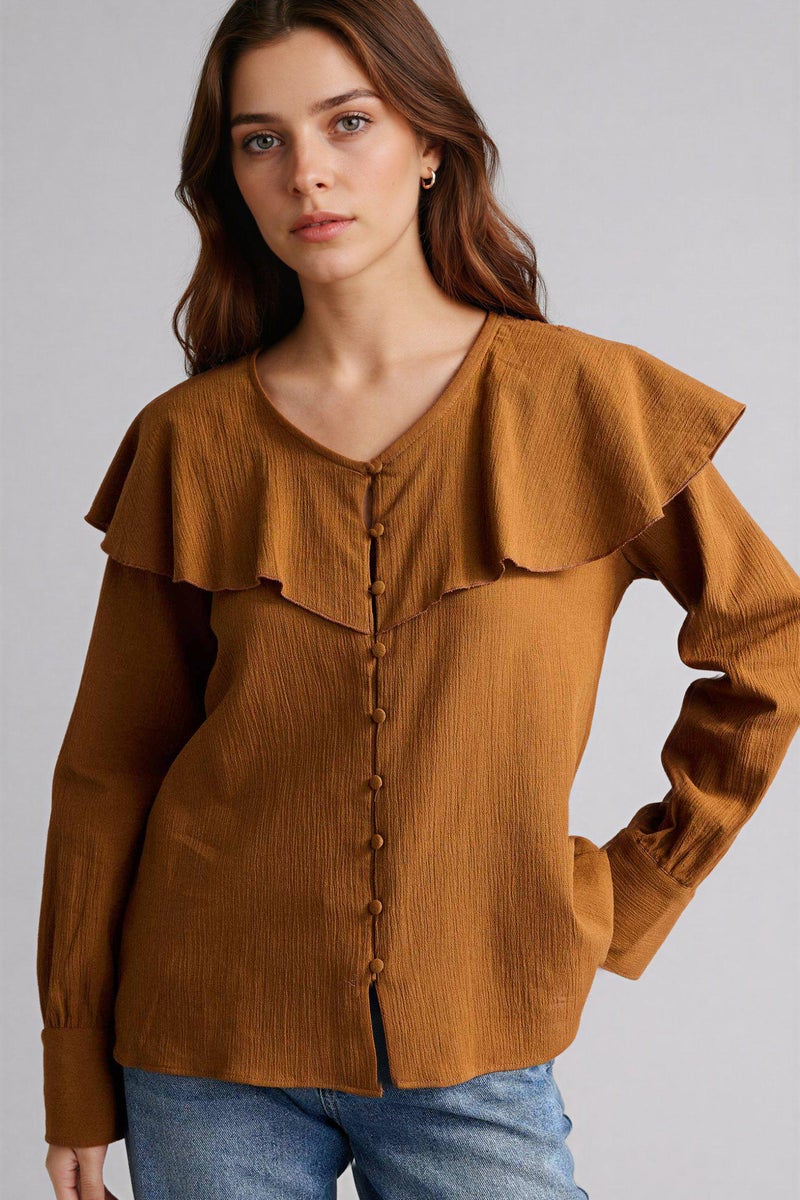 DeFacto Brown Woman Regular Fit Crinkle Fabric Long Sleeve Tunic Casual - Image 5