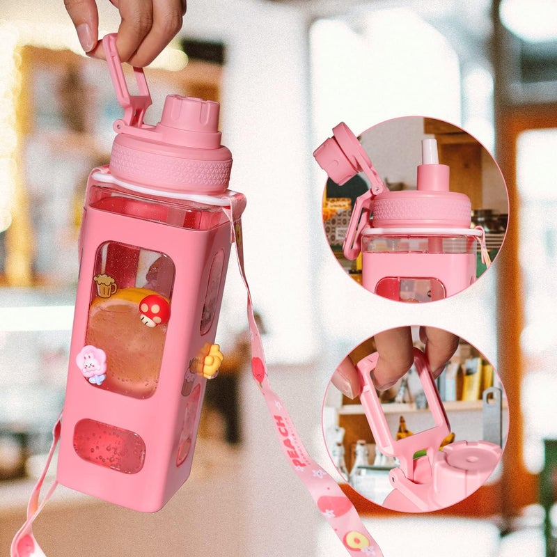 fufeisi Kawaii Water Bottle for Girls,Cute Kids Water Bottles with Straw,900ml Portable LeakProof Water Bottles With Adjustable Shoulder Strap for School(Pink)… - Image 3