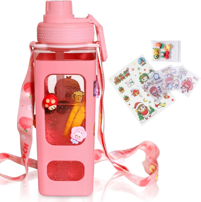 fufeisi Kawaii Water Bottle for Girls,Cute Kids Water Bottles with Straw,900ml Portable LeakProof Water Bottles With Adjustable Shoulder Strap for School(Pink)… - Image 1