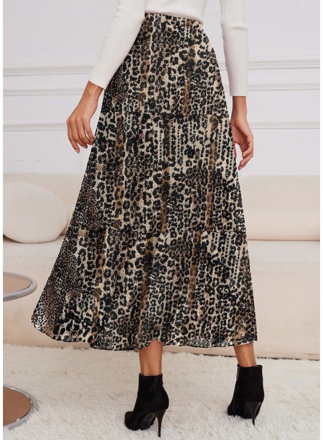 NiPaMi Women's Chiffon White Flowy Maxi Skirts Boho Summer Elastic Waisted Pleated A Line Long Skirt for Women 2025, Brown Leopard Print-65, M - Image 2