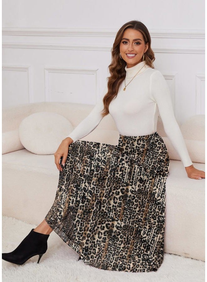 NiPaMi Women's Chiffon White Flowy Maxi Skirts Boho Summer Elastic Waisted Pleated A Line Long Skirt for Women 2025, Brown Leopard Print-65, M - Image 4