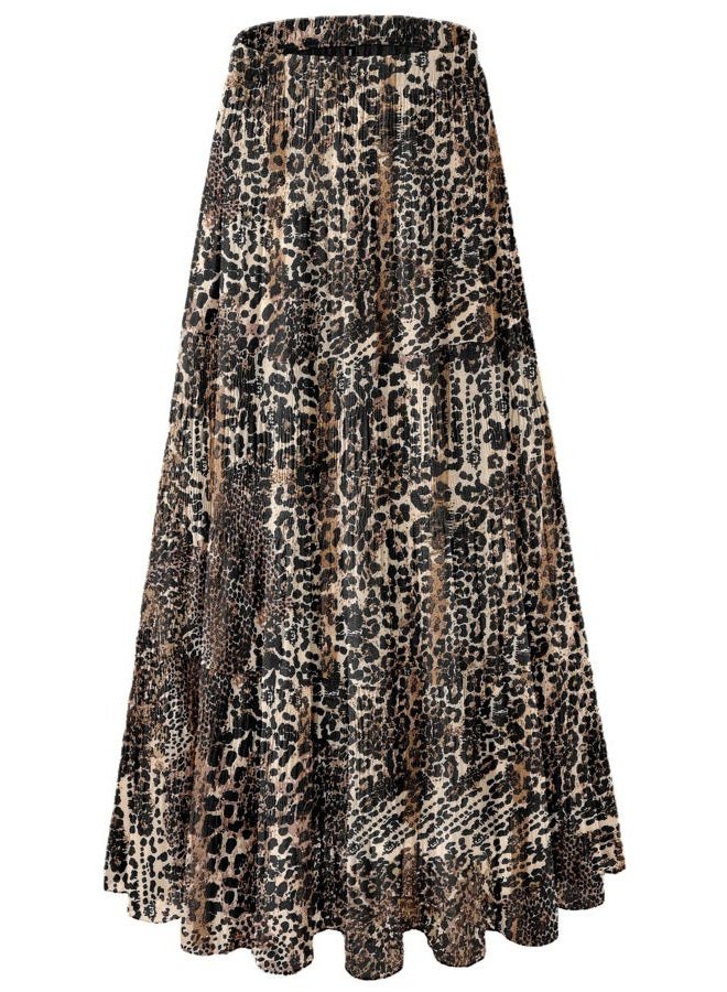 NiPaMi Women's Chiffon White Flowy Maxi Skirts Boho Summer Elastic Waisted Pleated A Line Long Skirt for Women 2025, Brown Leopard Print-65, M - Image 1