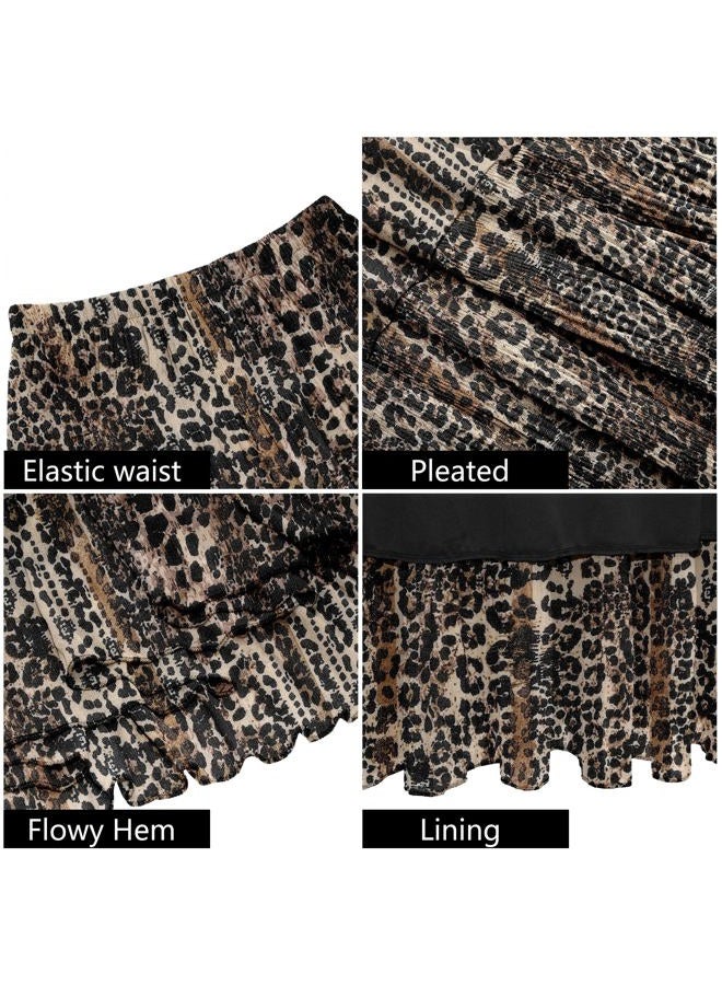 NiPaMi Women's Chiffon White Flowy Maxi Skirts Boho Summer Elastic Waisted Pleated A Line Long Skirt for Women 2025, Brown Leopard Print-65, M - Image 5