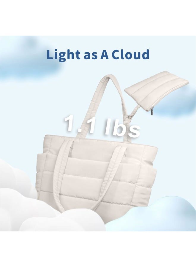 TOPDesign Puffer Tote Bag for Women, Lightweight Quilted Puffy Handbag with Laptop Compartment, Perfect for Work, Travel, Gym, Light White, Medium - Image 4