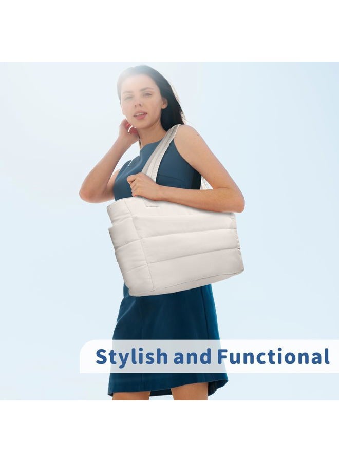 TOPDesign Puffer Tote Bag for Women, Lightweight Quilted Puffy Handbag with Laptop Compartment, Perfect for Work, Travel, Gym, Light White, Medium - Image 3