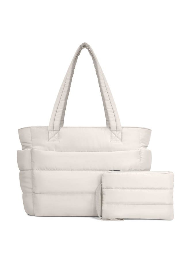 TOPDesign Puffer Tote Bag for Women, Lightweight Quilted Puffy Handbag with Laptop Compartment, Perfect for Work, Travel, Gym, Light White, Medium - Image 1