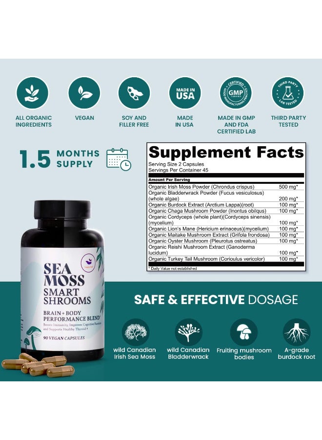 Irish Sea Moss Capsules & Mushroom Complex - Organic Seamoss with Adaptogens for Brain Health, 1500mg, 90 Vegan Capsules, Organic Mushroom Supplement - Image 2