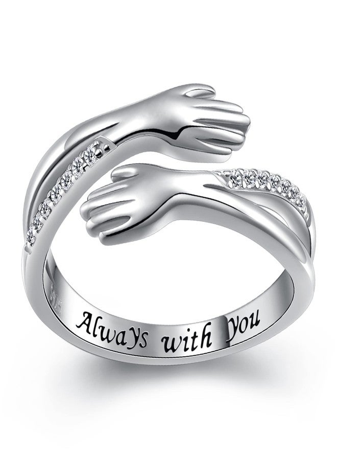 Yearace Hug Ring, S925 Sterling Silver Hugging Hands CZ Open Ring Engraved Always with You Embrace Statement Promise Anniversary Ring - Image 1