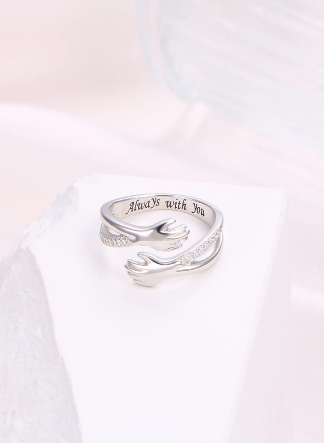 Yearace Hug Ring, S925 Sterling Silver Hugging Hands CZ Open Ring Engraved Always with You Embrace Statement Promise Anniversary Ring - Image 3