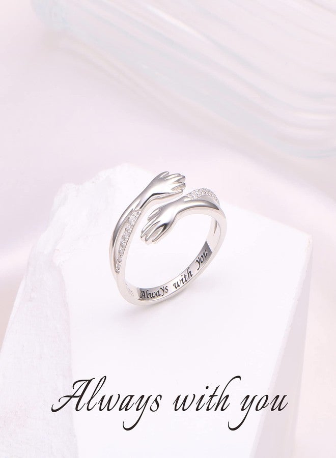 Yearace Hug Ring, S925 Sterling Silver Hugging Hands CZ Open Ring Engraved Always with You Embrace Statement Promise Anniversary Ring - Image 4