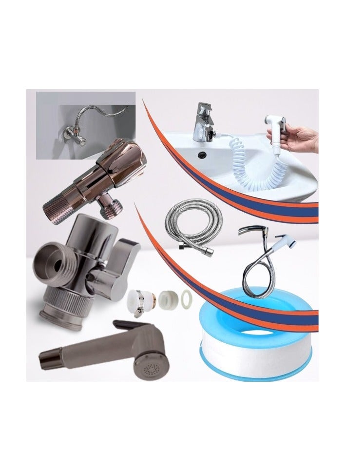 A shattaf set consisting of an angle valve, a zigzag hose, a nickel hose, an adapter, and a shattaf handle - Image 1