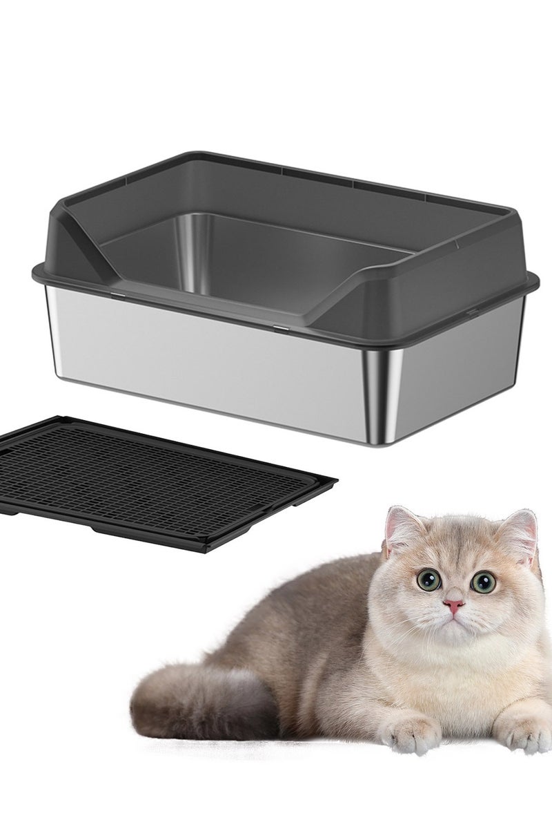 Kidle Stainless Steel Pet Cat Litter Box Metal Large Capacity Cat Litter Box Tray With High Wall Semi-Enclosed Side Door 50*35*15cm - Image 1