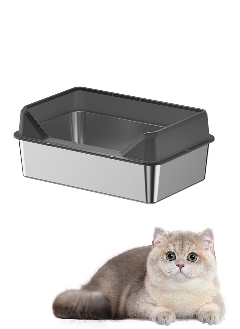Kidle - Stainless Steel Pet Cat Litter Box Metal Large Capacity Cat Litter Box Tray With High Wall Semi-Enclosed Side Door 50*35*15cm - Image 1
