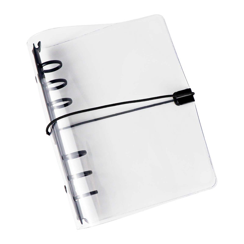 XiowDow Clear A6 Binder with Elastic Band 1.8mm Thick PVC Notebook Cover 6 Black 20mm Diameter Round Rings Budget Binder Planner Cover Journal Folder Organizer for A6 Binder Pockets Paper Refills - Image 1