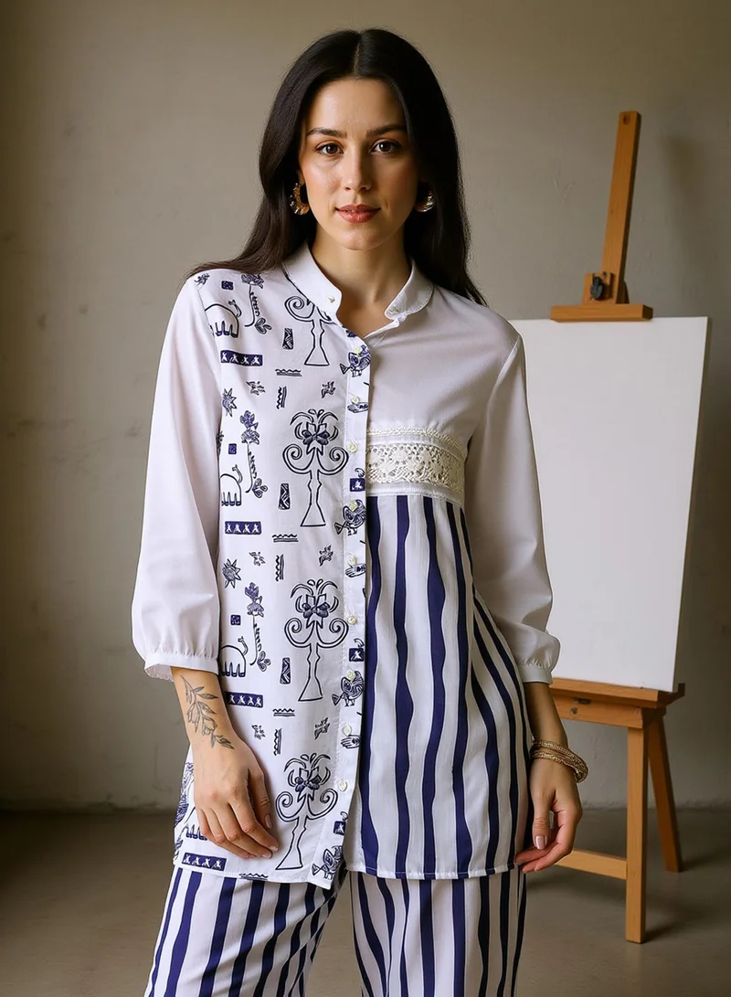 QISSA Qissa Women's Navy Blue:Off-White Striped Block Print Kurti With Trousers For Ethnic Wear | Mandarin Collar, Long Regular Sleeves | Abstract Print Plain Fabric | 2 Piece Kurta Set Designed For Casual & Daily Wear