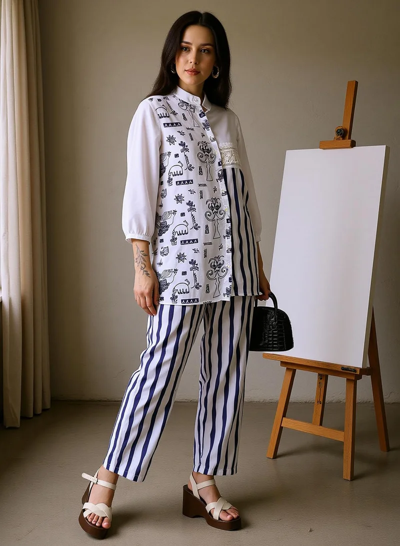 QISSA Qissa Women's Navy Blue:Off-White Striped Block Print Kurti With Trousers For Ethnic Wear | Mandarin Collar, Long Regular Sleeves | Abstract Print Plain Fabric | 2 Piece Kurta Set Designed For Casual & Daily Wear
