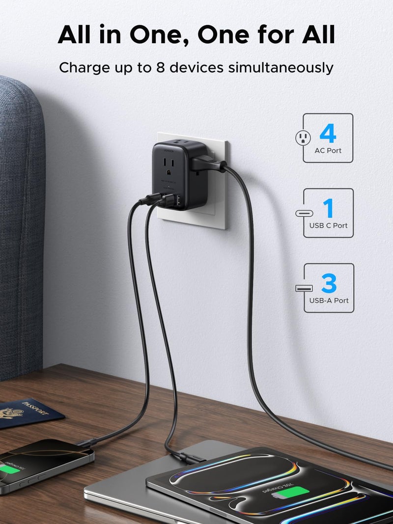 UGREEN Multi Plug Outlet Extender with Surge Protection, Compact 4-Sided 8-Port Design, GaN Power Strip with 20W PD Charging for iPhone, iPad Series, College Dorm/Office/Home/Travel Essentials - Image 2