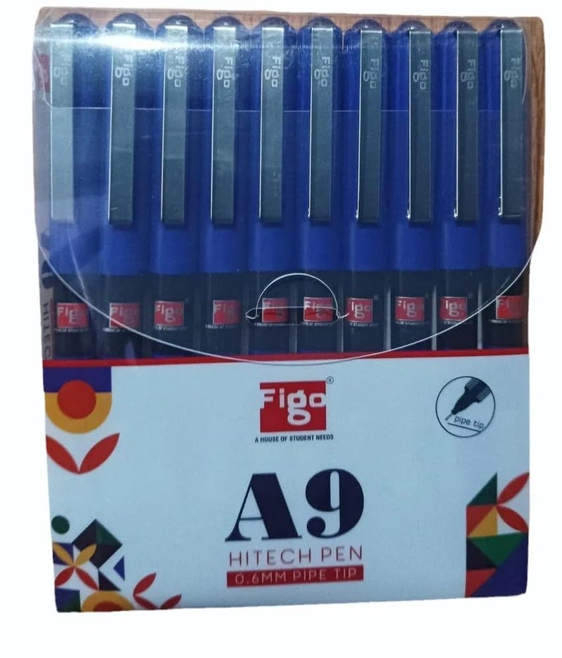 FiGo A9 Hitech Pen, 0.6mm Pipe Tip, Blue Body with Silver Clip, Pack of 10 - Image 1
