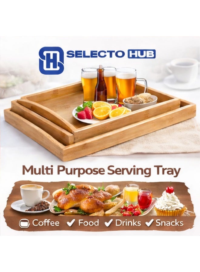 Selecto Hub Bamboo Serving Tray Set of 3 with Handles – Wooden Nesting Food Trays for Serving Coffee, Breakfast in Bed, Snacks & Drinks – Rectangular Decorative Bamboo Trays Large Medium Small for Kitchen, Home, Restaurant & Cafe - Image 2