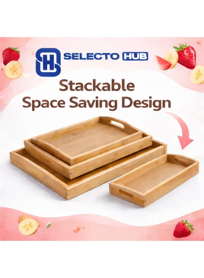 Selecto Hub Bamboo Serving Tray Set of 3 with Handles – Wooden Nesting Food Trays for Serving Coffee, Breakfast in Bed, Snacks & Drinks – Rectangular Decorative Bamboo Trays Large Medium Small for Kitchen, Home, Restaurant & Cafe - Image 1