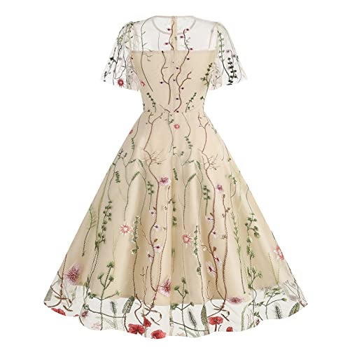 IWEMEK Summer Floral Embroidery Dress for Women Flutter Sleeve Flower Embroidered Tulle Prom Dress Mesh Sheer Illusion Sweetheart Formal Evening Dresses Vintage Cocktail Party Dresses Apricot-Ruffle Sleeve L - Image 3