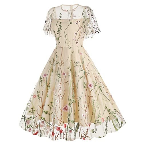 IWEMEK Summer Floral Embroidery Dress for Women Flutter Sleeve Flower Embroidered Tulle Prom Dress Mesh Sheer Illusion Sweetheart Formal Evening Dresses Vintage Cocktail Party Dresses Apricot-Ruffle Sleeve L - Image 2