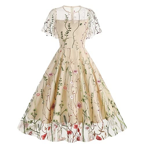 IWEMEK Summer Floral Embroidery Dress for Women Flutter Sleeve Flower Embroidered Tulle Prom Dress Mesh Sheer Illusion Sweetheart Formal Evening Dresses Vintage Cocktail Party Dresses Apricot-Ruffle Sleeve L - Image 1