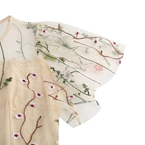 IWEMEK Summer Floral Embroidery Dress for Women Flutter Sleeve Flower Embroidered Tulle Prom Dress Mesh Sheer Illusion Sweetheart Formal Evening Dresses Vintage Cocktail Party Dresses Apricot-Ruffle Sleeve L - Image 5