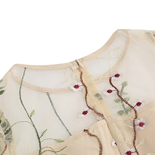 IWEMEK Summer Floral Embroidery Dress for Women Flutter Sleeve Flower Embroidered Tulle Prom Dress Mesh Sheer Illusion Sweetheart Formal Evening Dresses Vintage Cocktail Party Dresses Apricot-Ruffle Sleeve L - Image 4