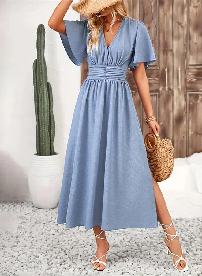 Take Two Blue Flutter Sleeve Dress