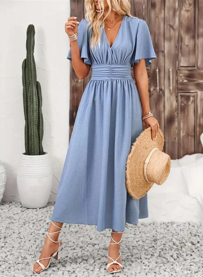 Take Two Blue Flutter Sleeve Dress