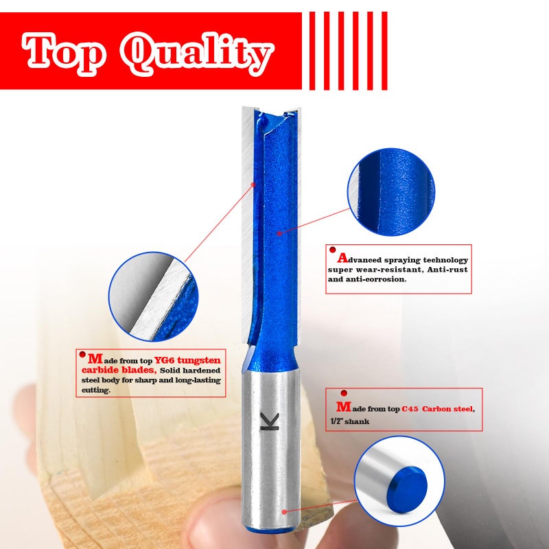 RURITKIT 3Pcs Extra Long Straight Router Bit Set 1/2 Shank, Carbide Tipped Double Flute Straight Bit Dado Straight Cut Router Bit for Woodworking, 2",2-1/2",3" Cutting Length,1/2" Cutting Dia. - Image 3