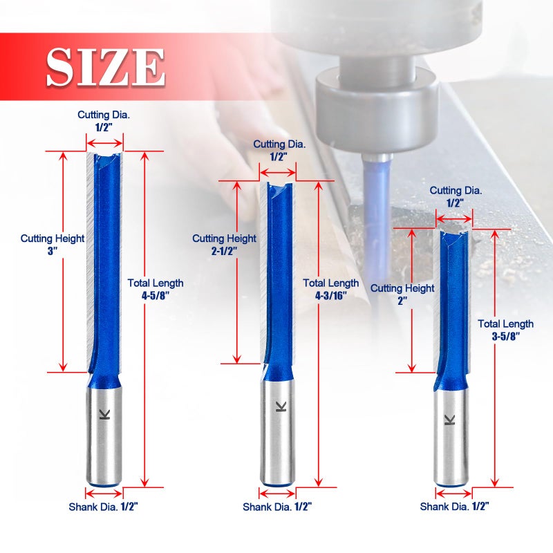 RURITKIT 3Pcs Extra Long Straight Router Bit Set 1/2 Shank, Carbide Tipped Double Flute Straight Bit Dado Straight Cut Router Bit for Woodworking, 2",2-1/2",3" Cutting Length,1/2" Cutting Dia. - Image 2