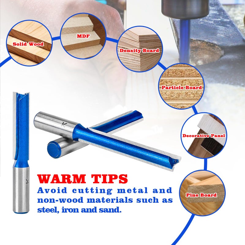 RURITKIT 3Pcs Extra Long Straight Router Bit Set 1/2 Shank, Carbide Tipped Double Flute Straight Bit Dado Straight Cut Router Bit for Woodworking, 2",2-1/2",3" Cutting Length,1/2" Cutting Dia. - Image 5
