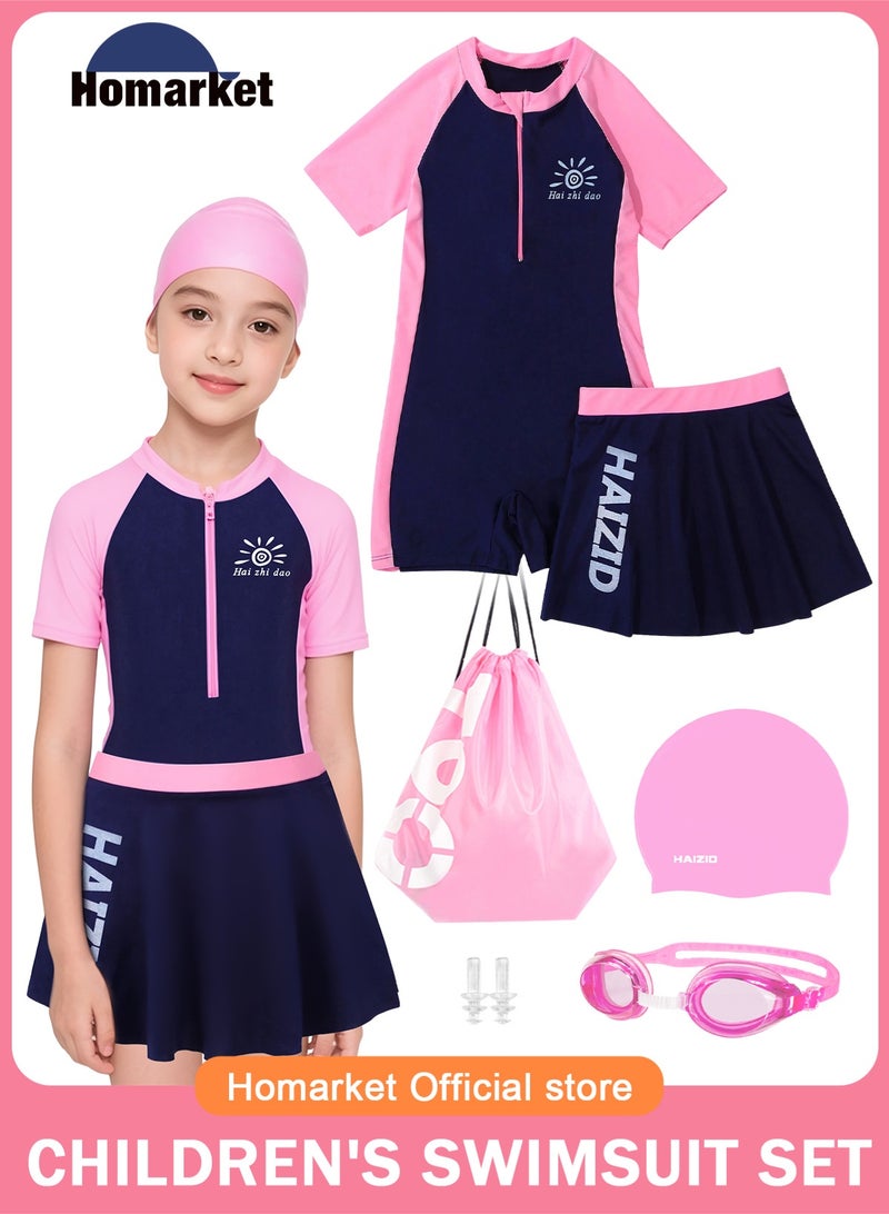 HomarKet 4 Piece Kids Swimsuit Kit with Cap Set,Swimming Goggles and Adjustable Backpack Toddler Girls Swimwear Children Swimming Skirt Short Sleeves Clothing Beachwear Bathing Suit for Summer Pink/Blue  - Image 1