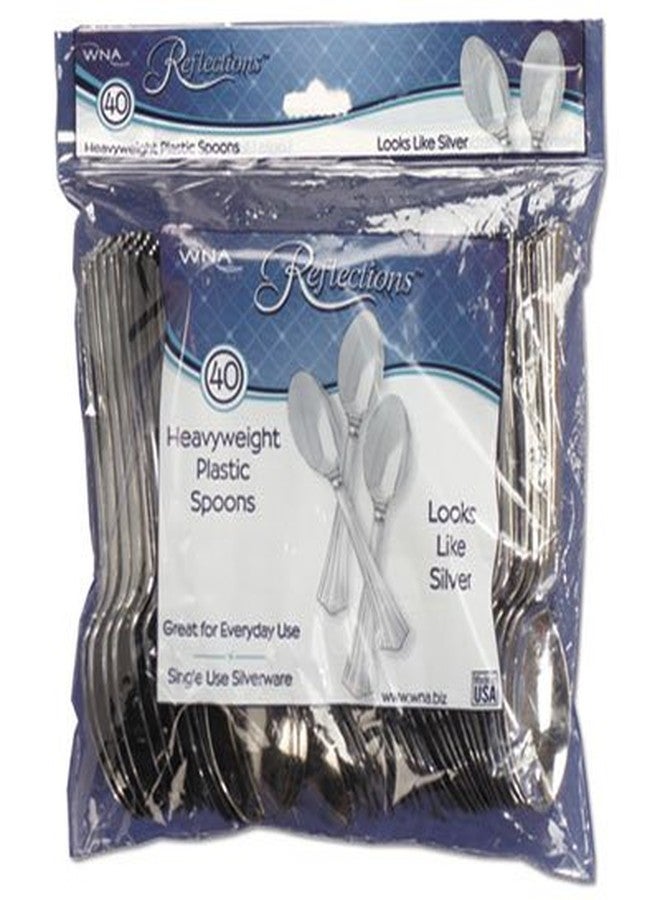 WNA Reflections Heavyweight Plastic Utensils, Spoon, Silver, 6 1/4 inch, 40/Pack