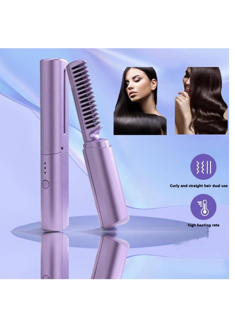 ELTRAZONE Mini Hair Straightener, Rechargeable Hair Straightener Brush, Portable Straightening Brush with Anti-Static Negative Ion, Hot Comb Hair Straightener for Women, for All Hair Types (Purple) - Image 2