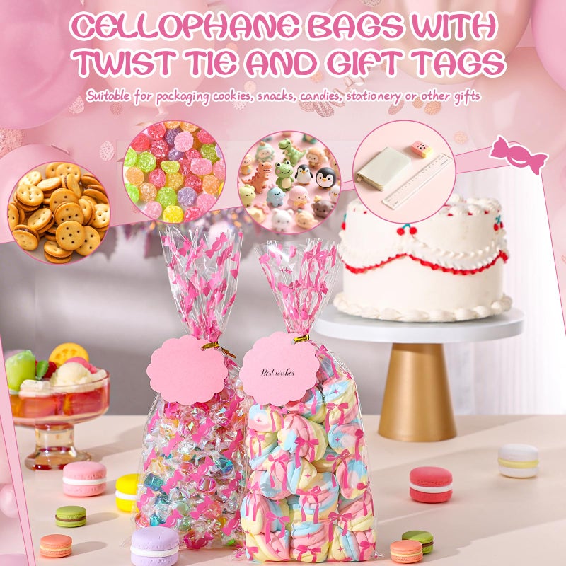 woric 100 Set Pink Cellophane Bags 5 x 10.6 Inch Plastic Mother's Day Treat Bags Gift Candy Bag with 100 Gift Tags and Twist Ties for Pink Bow Birthday Weddings Baby Shower Decorations - Image 3